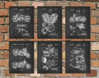 Harley Davidson Motorcycle Patent Print Set of 6 - Classic Motorcycle Art - American Motorcycle - Motorcyclist Gift Idea - Garage Mechanic