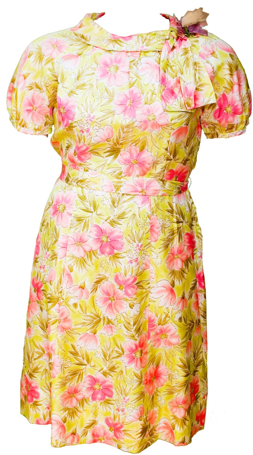 1960s XL Large Dress Easter Springtime Pink Floral Puffed