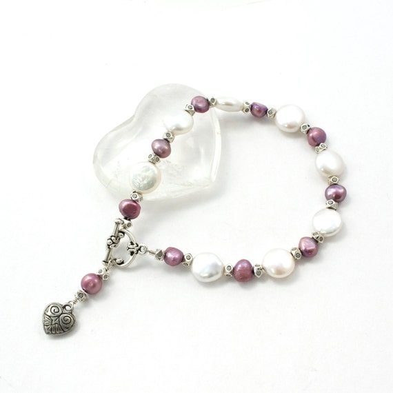 Freshwater Pearl and Pewter Handmade Bracelet with Heart Charm