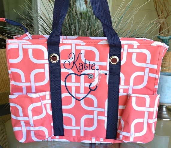 Utility Tote Coral Geometric with Navy Blue Straps Nurse