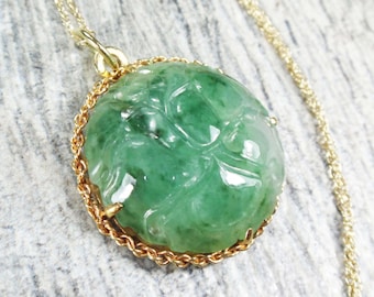 Vintage 14k Jade Necklace Vintage Natural Jade Necklace Genuine Jade Pendant 14k Gold Drop Necklace Green Stone Necklace Floral Carved Jade