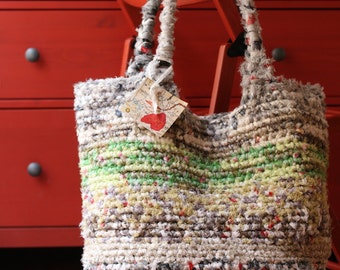 Borsa artigianale di cotone fatta a mano, grigia, tecnica uncinetto, 55x35x25 cm, handmade bag, cotton, crochet hook