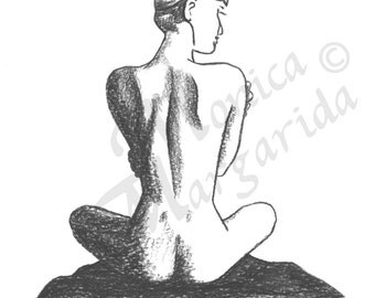 Woman Pencil Illustration, Spa Wall Art, Nude Art Print, Nude Woman Art, Fine Art Drawing, Figurative Poster, Female Pose, Health Art