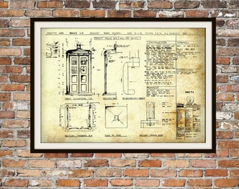 Tardis Print Poster, Dr Who Blueprint, The Tardis Blueprint, Art of The Tardis, Whovian Gift - Police Box Print Art Item 0101C