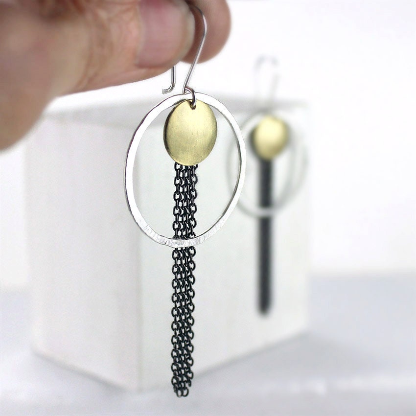Silver Hoop Earrings with Brass Discs and Gunmetal Chains
