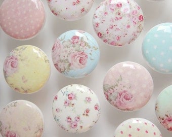 Shabby Drawer Knobs - Huge Assortment- Cottage Chic Knobs, Pretty Floral Drawer Pull, Pink Flowers- 1 1/2 Inches