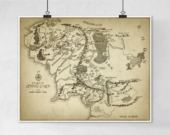 Lord of the Rings Map Wall Art Poster - Middle Earth Map - Lord Of The Rings Fantasy Map - Mordor - Rohan - Gondor - Hobbit - Gandalf