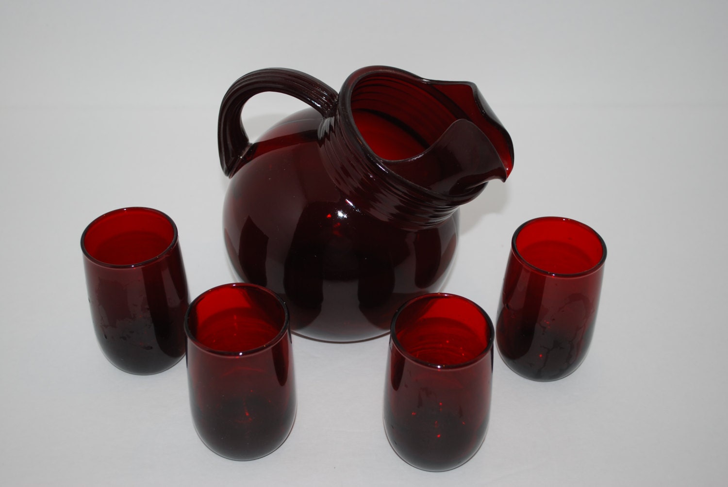 Vintage Ruby Red Tilt Ball Pitcher And Four Juice Glasses Haute Juice