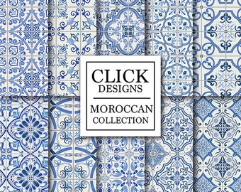 Moroccan Digital Paper: " BLUE MOROCCAN TILES" retro seamless scrapbook papers with blue mosaic patterns, Lisbon tiles, arabesque, ethnic