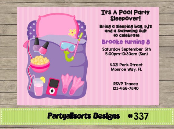 327 DIY Girls Pool Party Sleepover Invitations Cards.