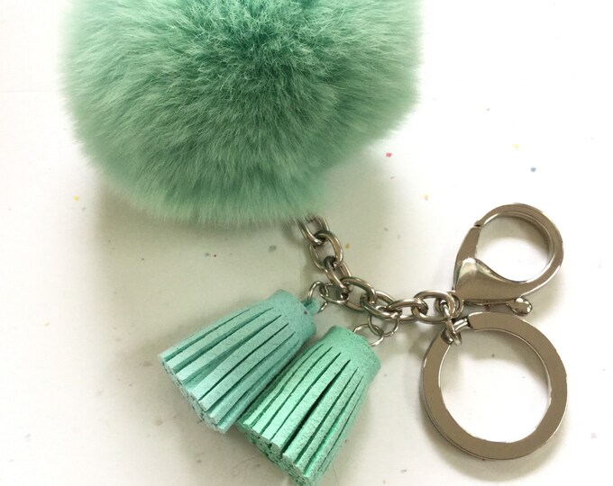 Fur pom pom keychain candy green REX Rabbit bag charm ball with two gradient color leather tassels