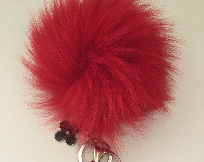 Large size Pompon bag charm pendant Fox Fur Pom Pom keychain in deep red color tone