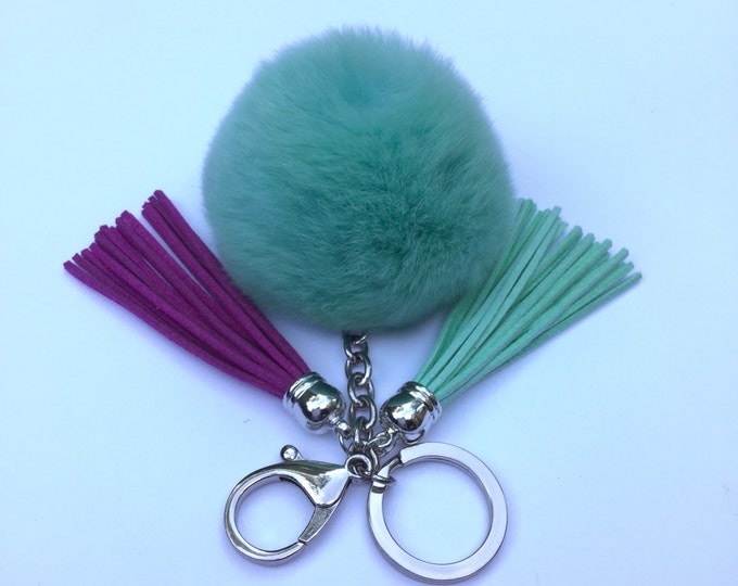 Fur pom pom keychain bag, purse pendant charm in candy green with two 3.5 inch leather tassels