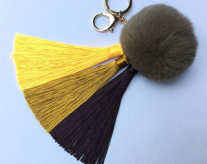 Yellow/Brown Gradient Tassel Handbag Charm Fur Pom Pom ball keychain