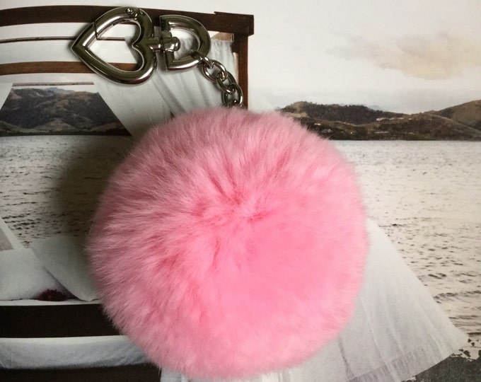 White pompom keychain REX Rabbit fur pom pom ball with heart buckle clasp