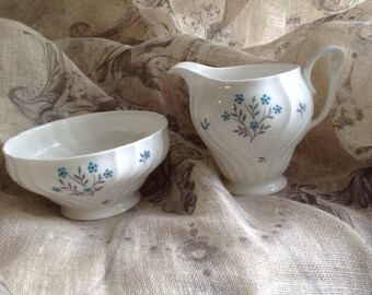 Antique Queen Anne Bone China Neptune Creamer and Sugar Bowel set with free sugar tongs and box of shaped sugar cubes
