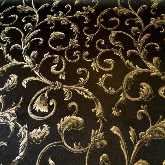 Black / Gold Damask Jacquard Vine Brocade Fabric 118 By