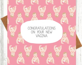 Funny New Baby Card - Congratulations On Your New Vagina - Pink - funny baby card - shocking cards - rude cards - baby girl card