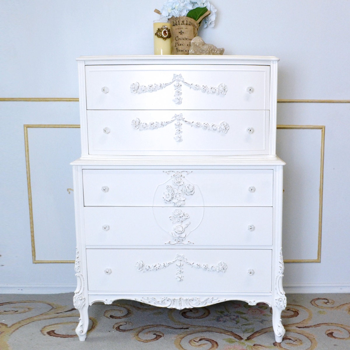Shabby Cottage Chic White French Style 5 Drawer Highboy Dresser 1920s