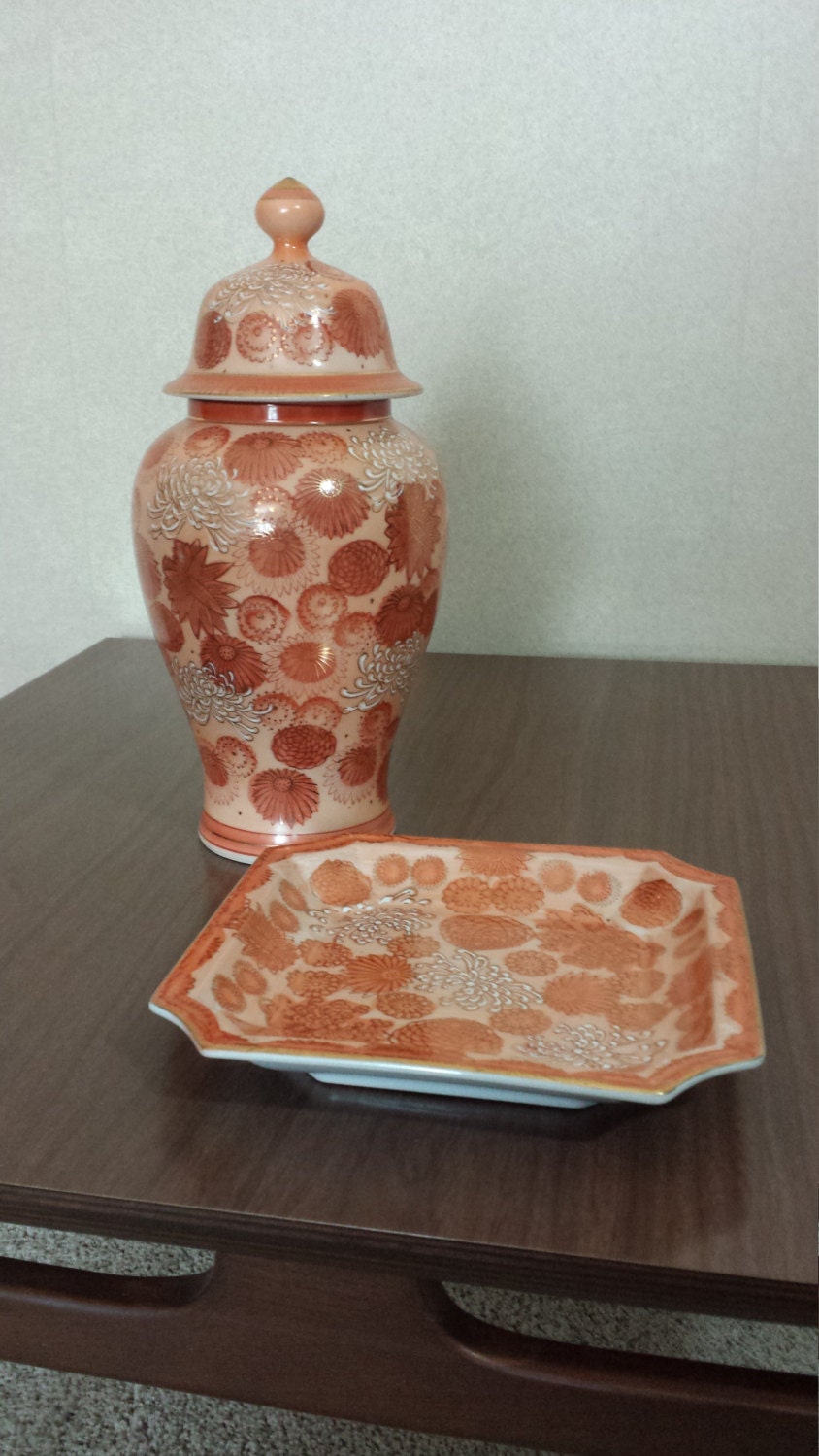 Vintage Chrystanthemum Orange Square Serving Plate and Ginger Jar