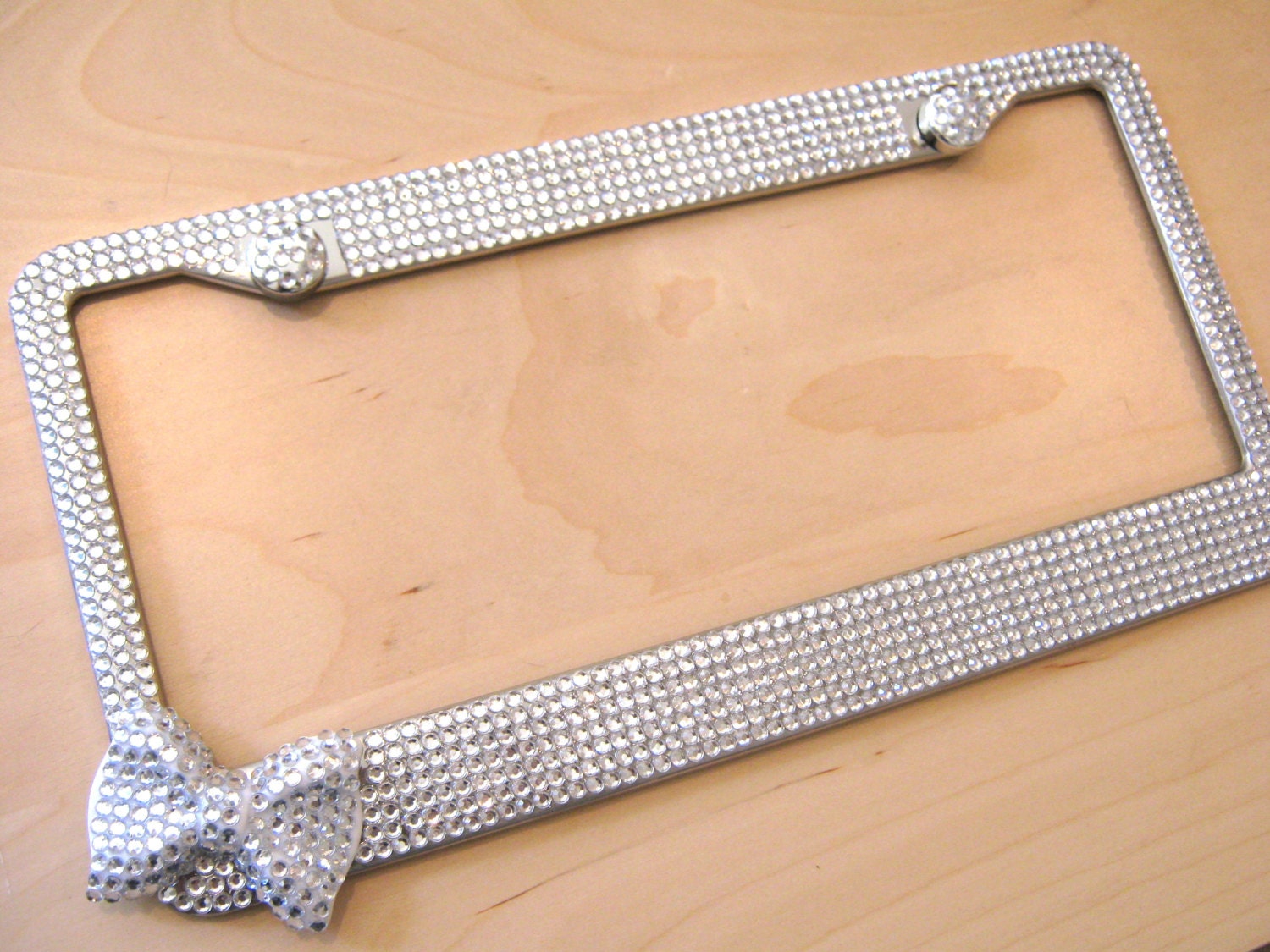 Clear Bling Rhinestone License Plate Frame w/ White Bow On