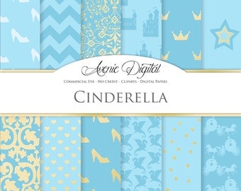 Cinderella Digital Paper. Scrapbooking Backgrounds, Princess Gold and blue patterns for party and invitation. Commercial Use, Download