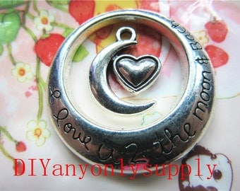 50sets(100pieces) 30mm High quality antiqued silver round i love you to the moon and back charms findings and heart moon pendants