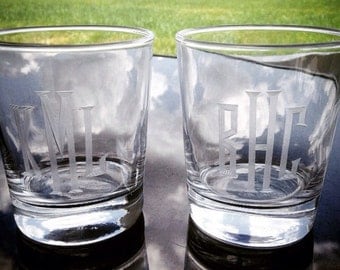 Hand Engraved Personalized 8 ounce Whiskey Glasses: Set of Two