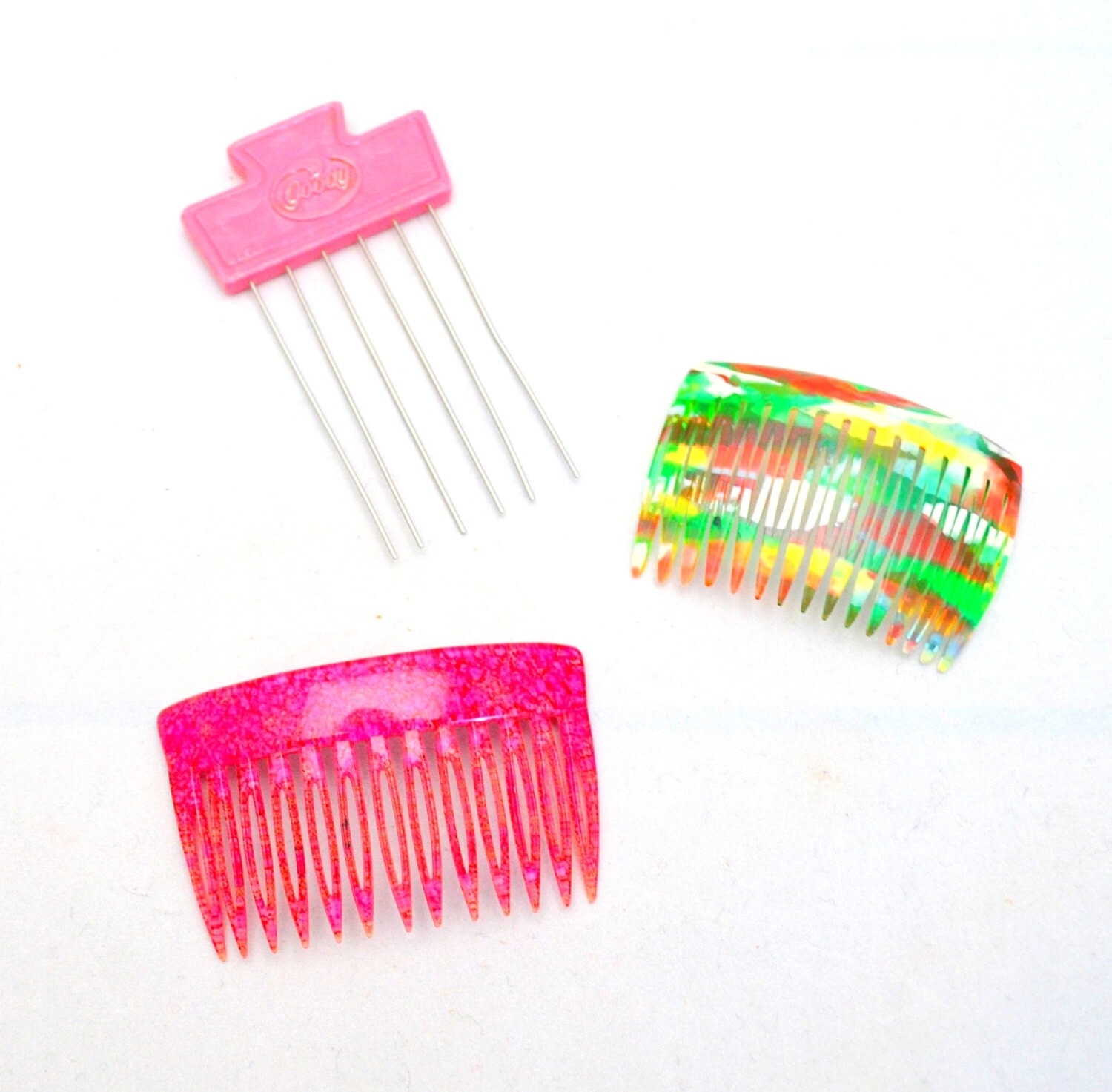 2 Vintage French Hair Combs Plus One Goody Hair Lifter Pink