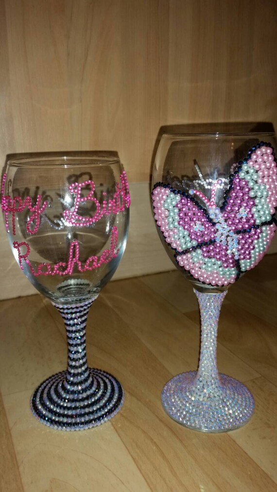 Personalised rhinestone wine glasses can be any colour name