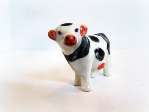 Miniature Porcelain Black and White Cow 1960/70s by OneStopOddShop