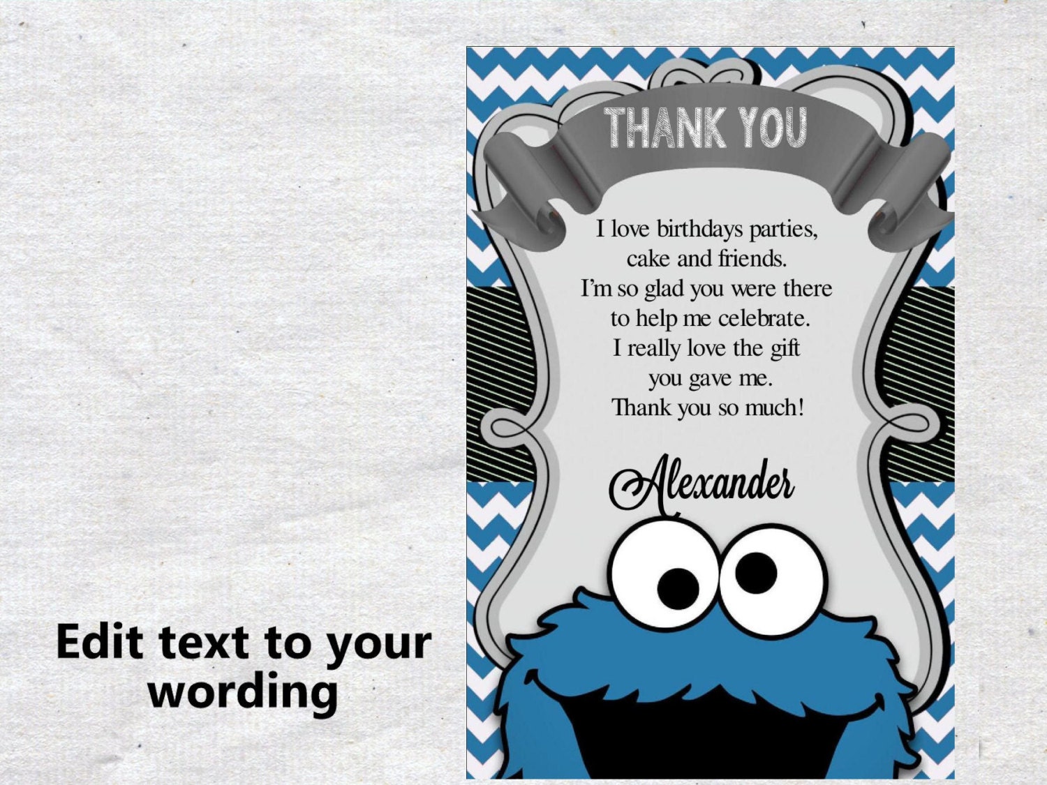 Cookie Monster Thank you card INSTANT DOWNLOAD Birthday