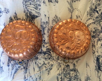 Pair of Vintage French Copper Mold Pans Tin Lined Fruit Pattern