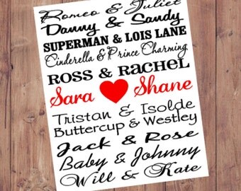 First Anniversary for Him Famous Couples Printable Sign Personalize Custom 1st Anniversary Paper Anniversary Gift for Him
