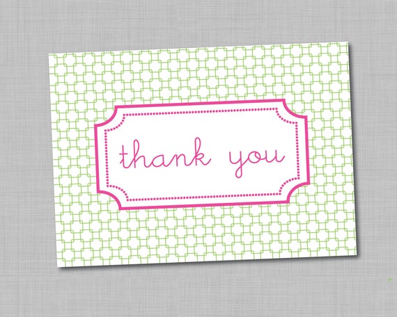 Pink and Green Thank You Cards Preppy Thank You Card