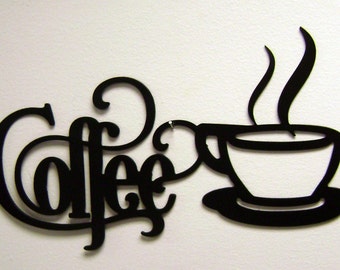 12" x 6" Bistro Coffee Sign with Mug- Metal Wall Decor Black or Unfinished Kitchen Pantry