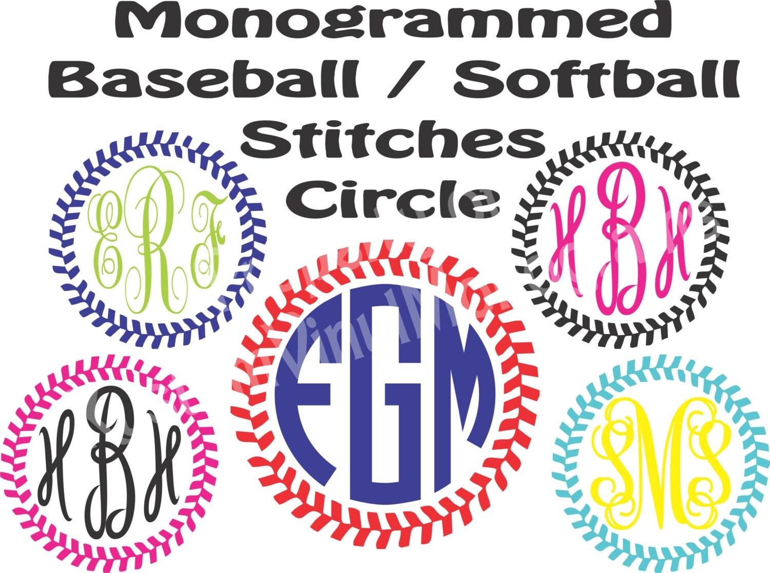 Monogrammed Baseball or Softball Stitches Circle Vinyl Decal