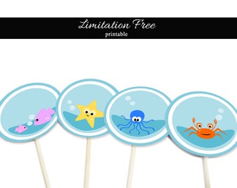 Under the sea party printable circles, Ocean printable cupcake toppers, Sea party printable favor tags, Ocean cupcake toppers, DIY Stickers