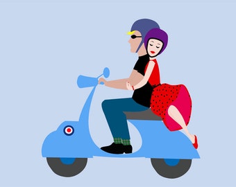 Cool motorcycle print-Couple on a retro moto-Scooter-Sixties Pop art print-Pop bike-Love large poster-Decorative Art Print-Colourful print