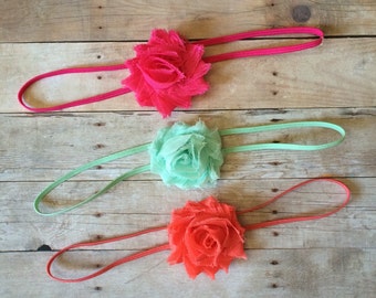 Set of 3 Baby Headbands, Mini Shabby Chic Headbands, Bright Colors, Girls Headbands, Newborn Headbands, Headband Set, Coral, Hot Pink