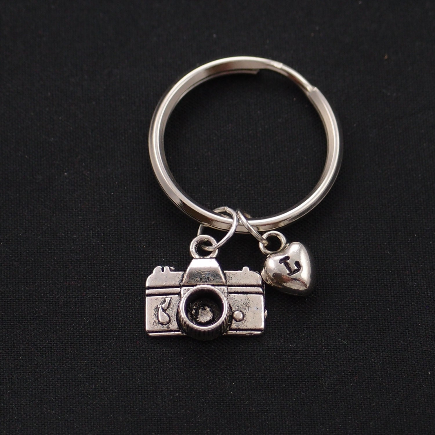 small camera keychain sterling silver filled initial