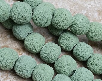 Natural Lava Beads, Pastel Green lava beads with large holes - FULL 16" strand of 12mm round porous beads (about 36 beads) - G575