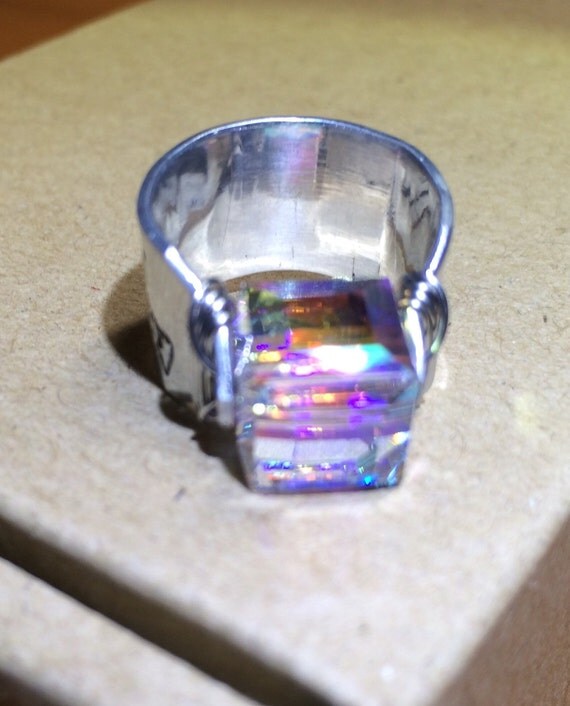 Stethoscope ID Ring Custom & Handmade With Clear Iridescent Cubed Crystal