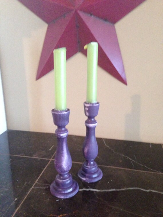 Candle Stick Holders Purple distressed wood vintage by MESHxoxo