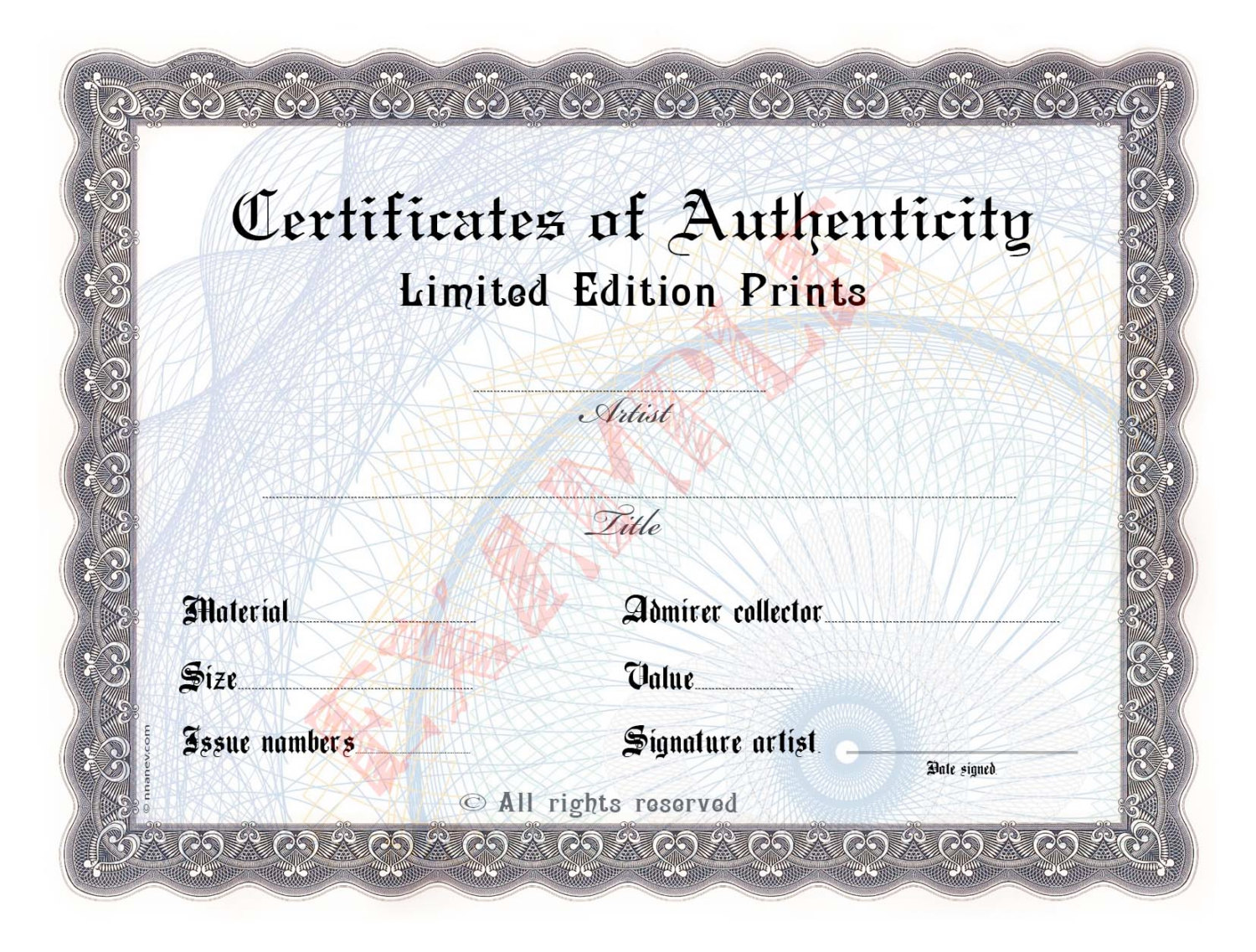 Blank Certificate of Authenticity for Artists Collectors
