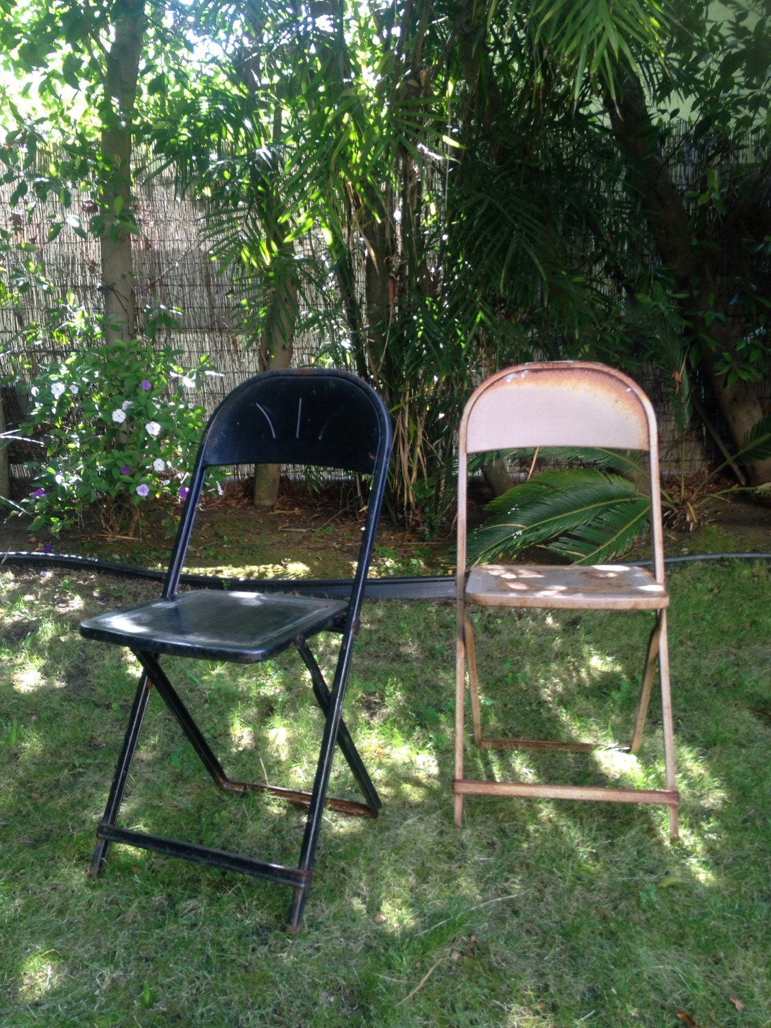 Vintage Industrial Rusted Foldable Chairs Set of Two Black and Pink