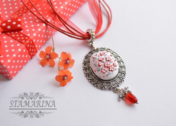Polymer clay pendant necklace "Cherry blossom"