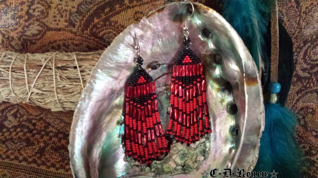 Native Beaded Earrings In Black And Red