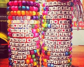 20 custom Kandi bracelets. Choose any colors and phrases! Rave kandi. Plur. Name bracelet. Colorful bead bracelet. Custom bead bracelet.