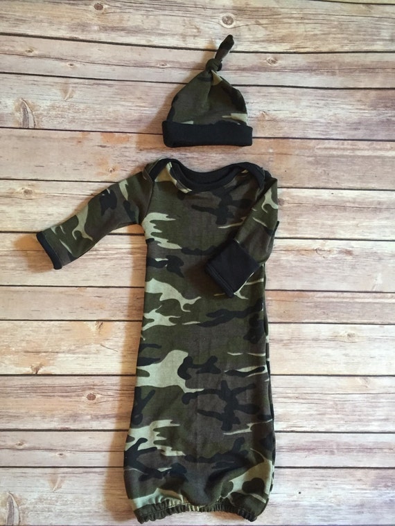 Camouflage baby gown and hat set camo and black by JakeAndBeth